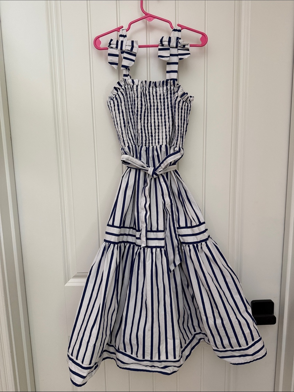 Navy & White Striped Smocked Sundress with Tie Straps - Kids